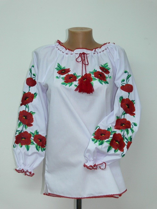 Вишиванка жіноча з маками Лора, класична біла блуза вишиванка з довгим рукавом Маки
